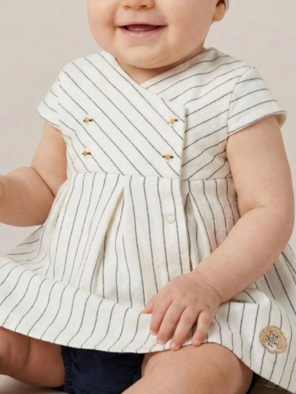 Terre De Marins Baby Cotton Striped Dress 18M White Blue Short Sleeved V-Neck